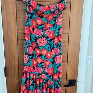 Sage Vintage Tropics Midi Strapless Dress with Red and Green Floral Pattern NWT